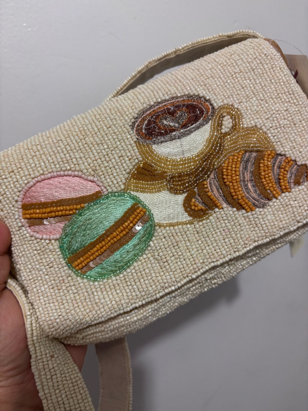 Made In India Cream Beaded Bag with Embroidered Coffee & Pastry